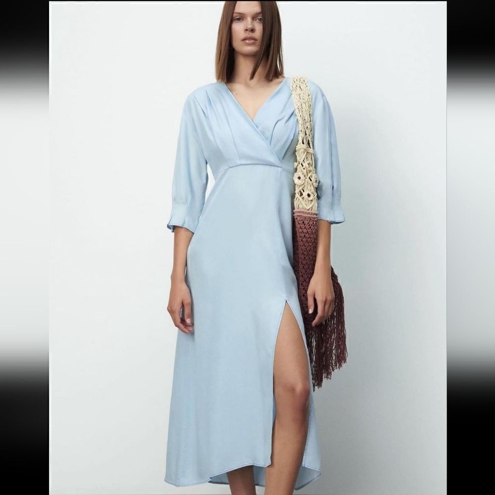 Zara Light Blue Lyocell Midi Dress with Front Slit Size Small